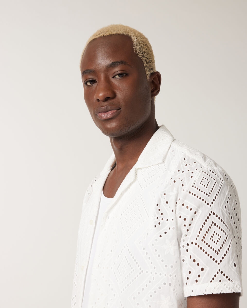Embroidery Cuban Collar Button-up Shirt, White, hi-res